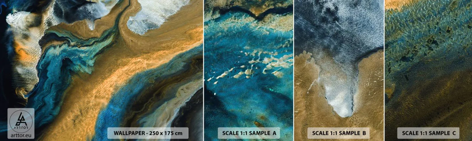 Campione Di Fotomurale Standard Eco - Blu-oro: influenza reciproca - Astrazione, Pezzo, Grafica - 100x30 cm