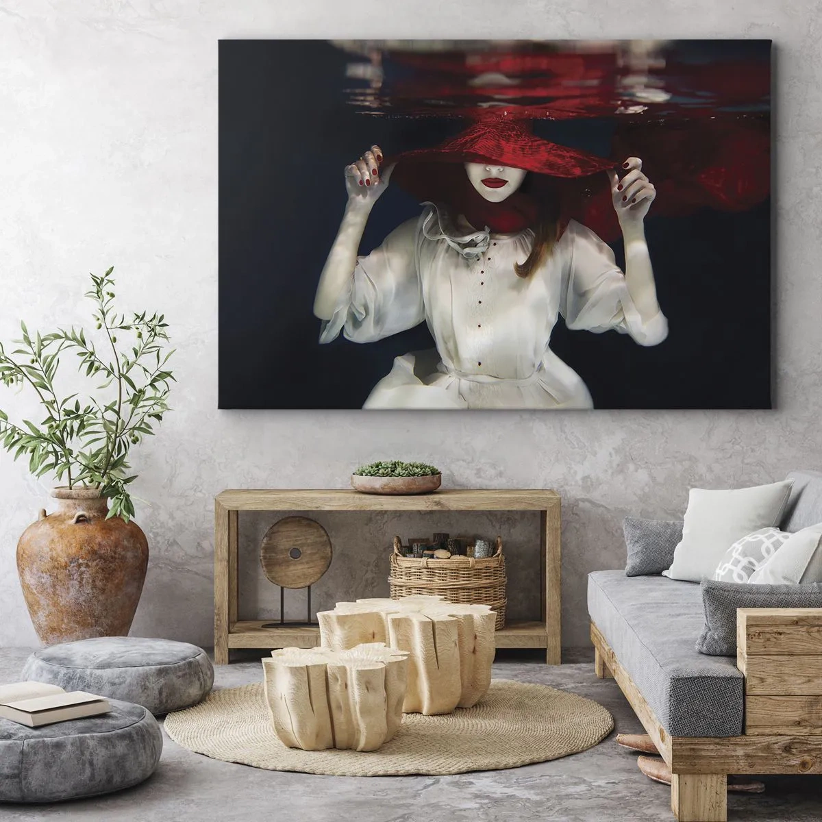 Quadro su tela - Stampe su Tela - Una donna con un cappello rosso immersa nell'acqua - 120x80cm - Donnagatto - Decorazione murale moderna per soggiorno e camera da letto ARTTOR