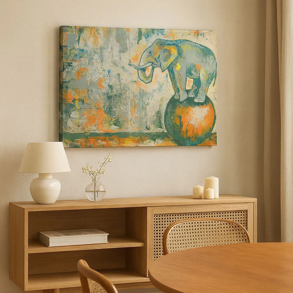 Quadro su tela - Stampe su Tela - Un elefante in equilibrio su una palla in stile artistico - 70x50cm - Evviva il circo! - Decorazione murale moderna per soggiorno e camera da letto ARTTOR