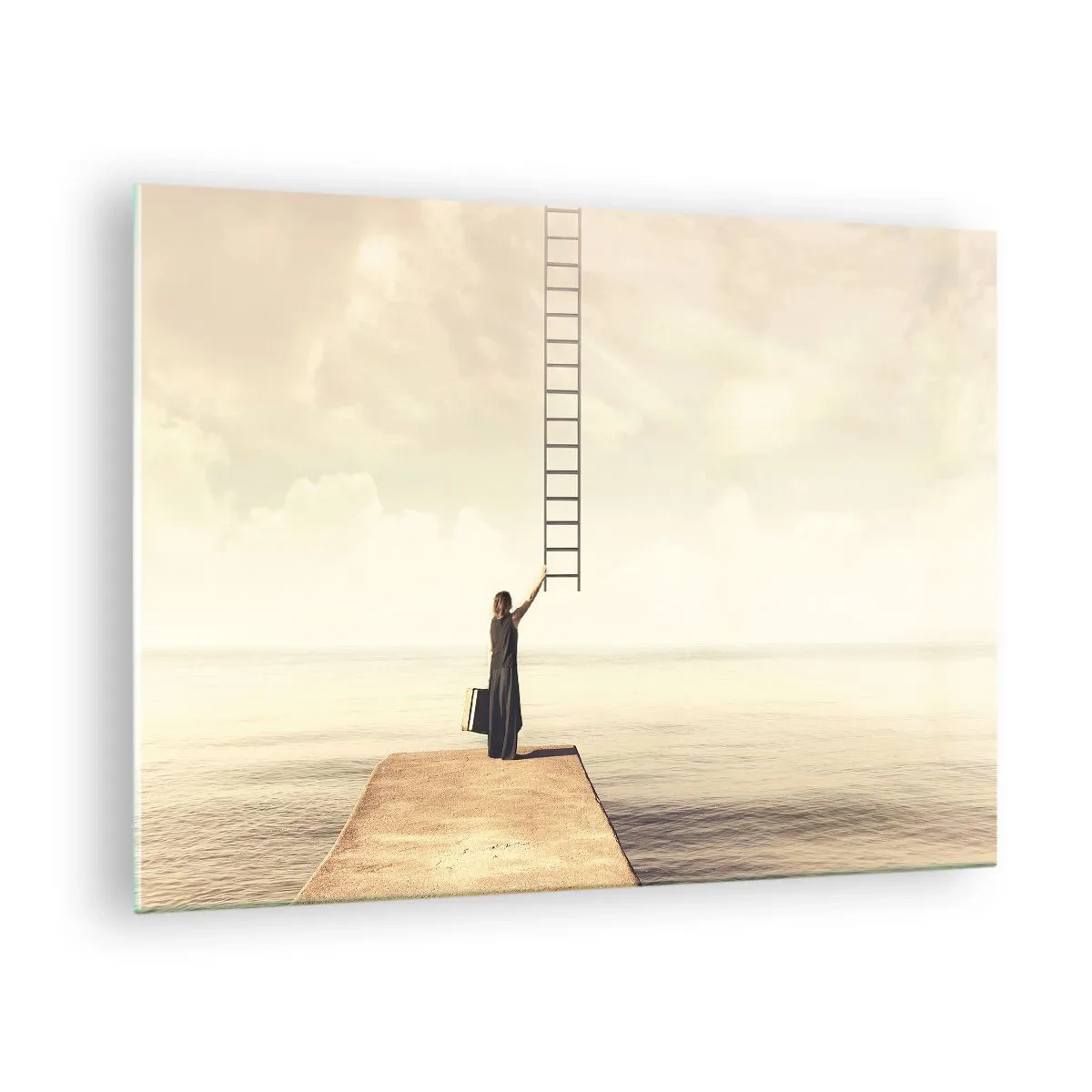 Quadro su vetro - Donna su un molo con una scala che porta al paradiso - 70x50cm - Viaggio magico - Decorazione murale moderna per soggiorno e camera da letto ARTTOR