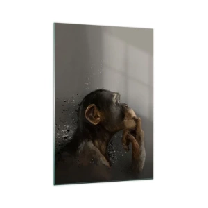 Quadro su vetro - Ritratto di una scimmia in posa riflessiva su uno sfondo grigio - 70x100cm - Sicuramente un pensatore - Decorazione murale moderna per soggiorno e camera da letto ARTTOR