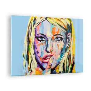 Quadro su vetro - Un ritratto colorato di una donna con un'espressione pensierosa - 70x50cm - Guardala dritto negli occhi - Decorazione murale moderna per soggiorno e camera da letto ARTTOR
