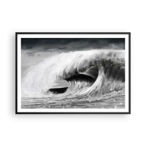 Poster in cornice nera - Onda oceanica spettacolare in monocromia - 100x70cm - La furia dell'oceano - Decorazione murale moderna per soggiorno e camera da letto ARTTOR