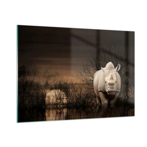 Quadro su vetro - Rinoceronte contro il sole al tramonto - 100x70cm - Bianco contro la natura - Decorazione murale moderna per soggiorno e camera da letto ARTTOR