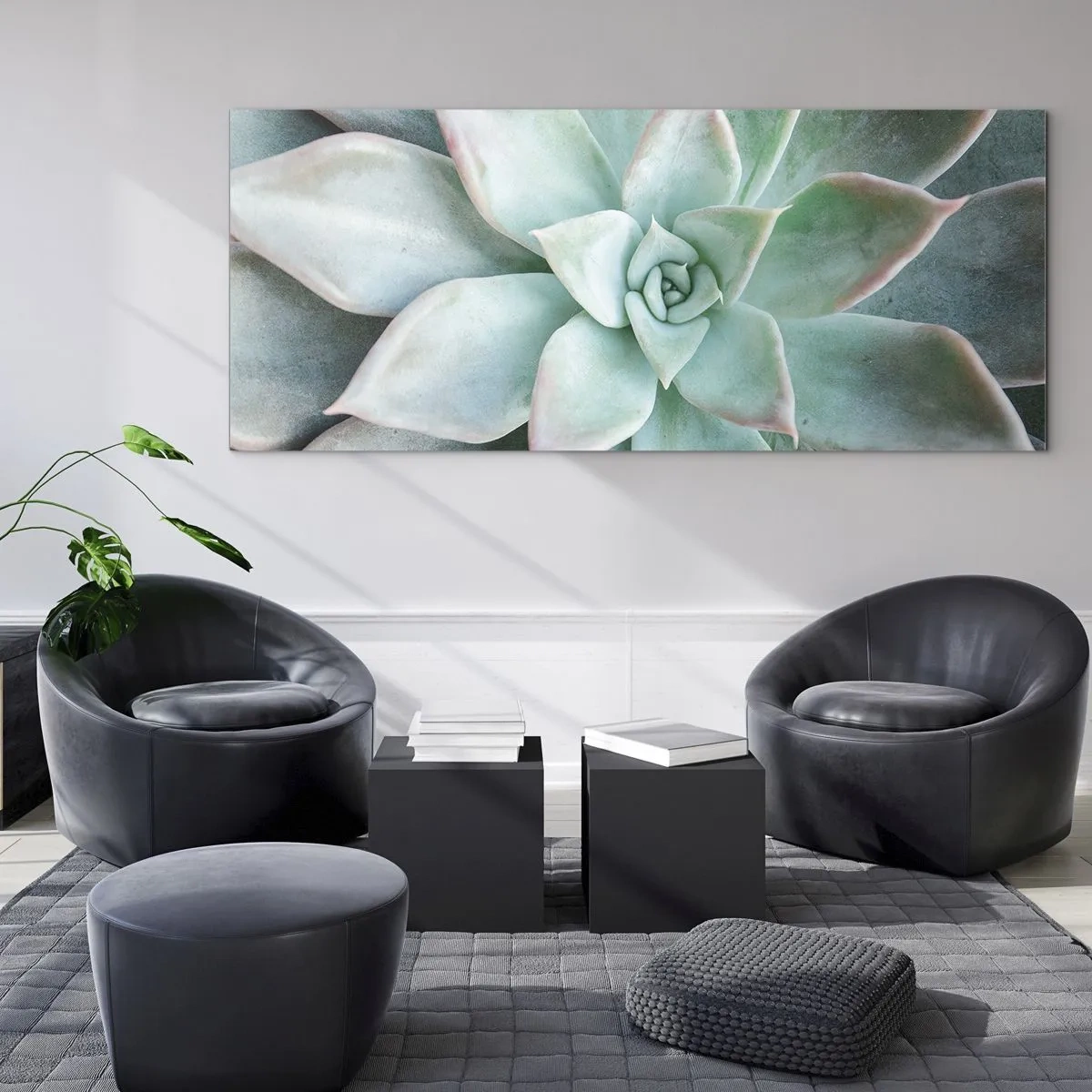 Quadro su vetro - Primo piano di una succulenta verde - 140x50cm - Il cuore del deserto - Decorazione murale moderna per soggiorno e camera da letto ARTTOR