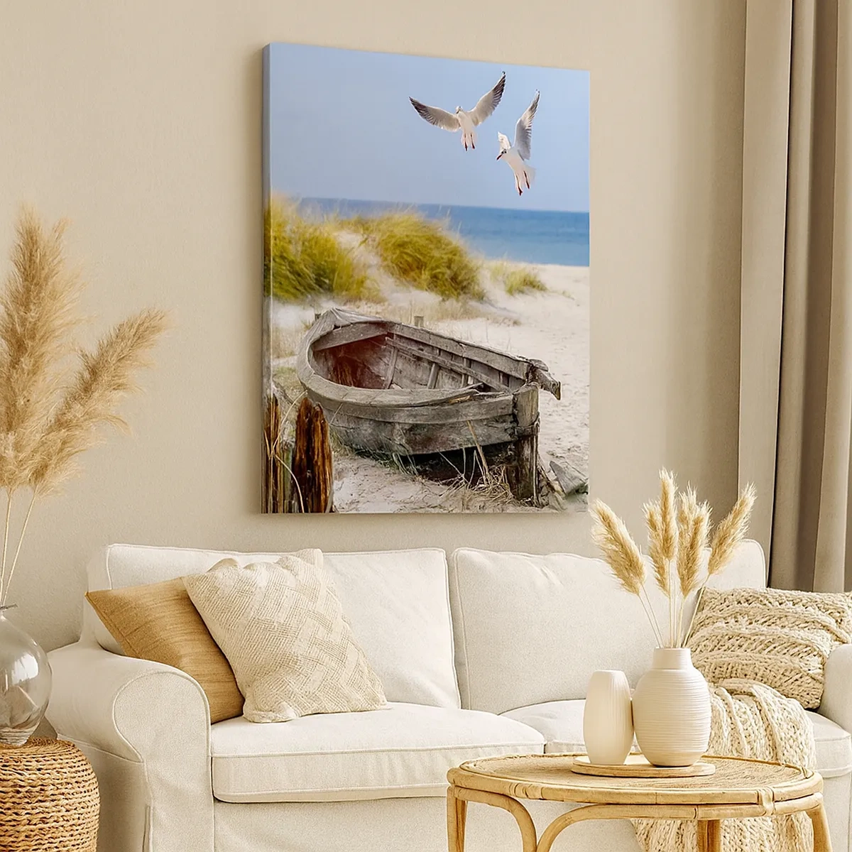 Quadro su tela - Stampe su Tela - Barca abbandonata su una spiaggia con gabbiani - 50x70cm - Bagnate dal vento - Decorazione murale moderna per soggiorno e camera da letto ARTTOR