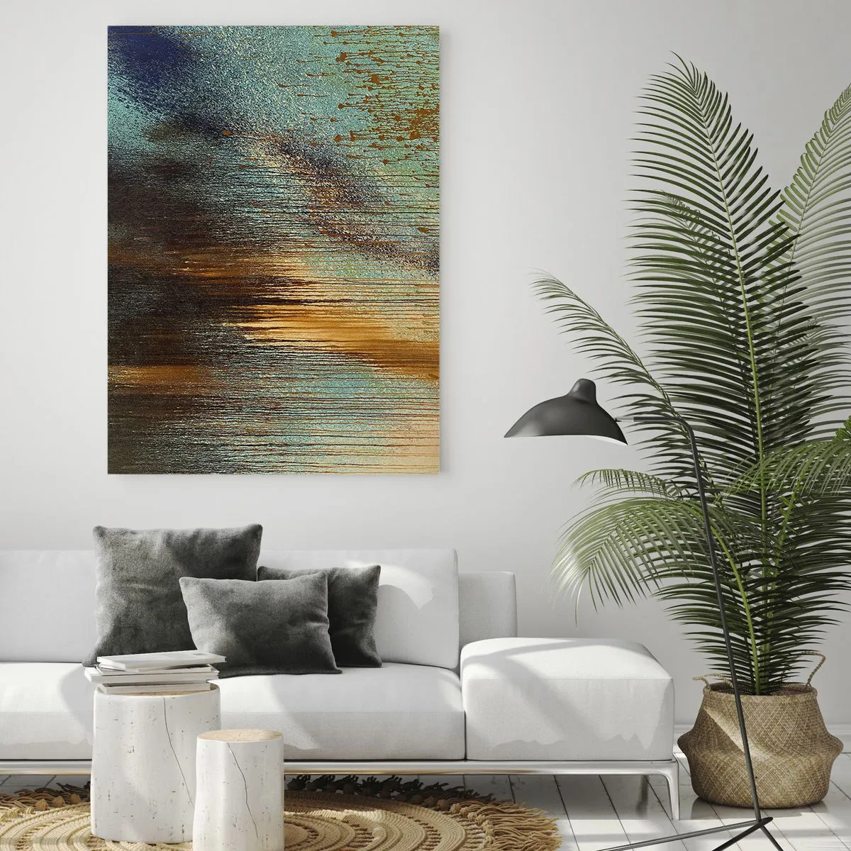 Quadro su vetro - Linee astratte e macchie in oro, blu e nero - 50x70cm - Composizione cromatica non casuale - Decorazione murale moderna per soggiorno e camera da letto ARTTOR