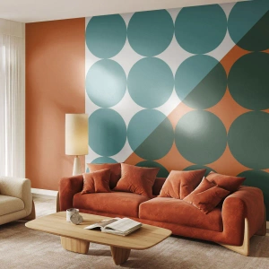 Fotomurali Premium Sand - Composizione geometrica con cerchi nei toni del verde e dell'arancione - 100x70cm - In alto obliquo - Decorazione murale moderna per soggiorno e camera da letto ARTTOR