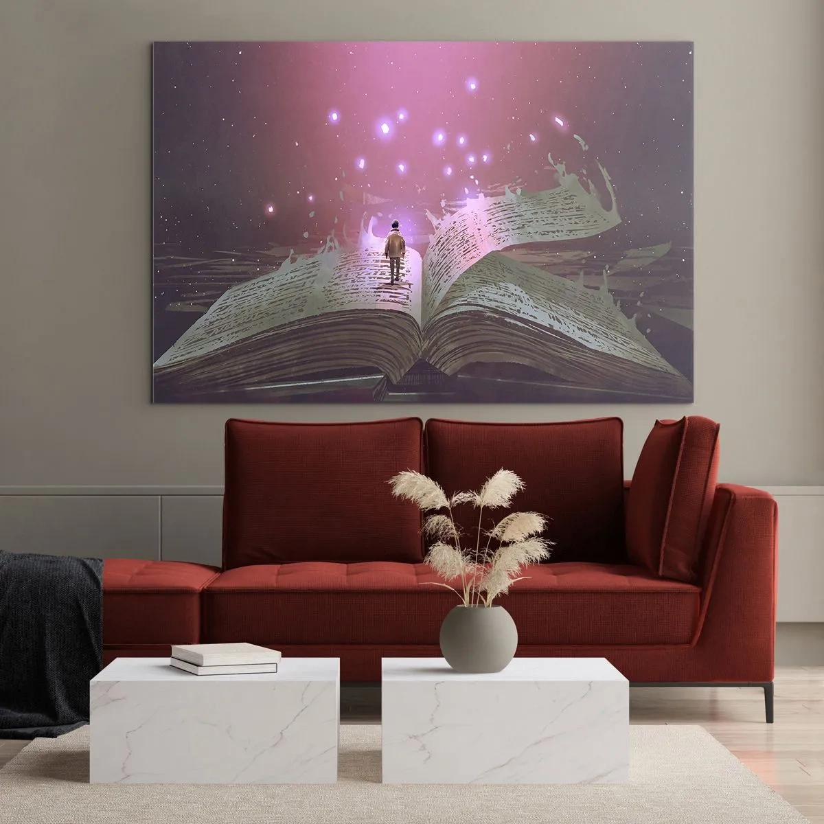 Quadro su vetro - Un libro aperto da cui fluttuano luci e stelle magiche - 70x50cm - Invito ad un altro mondo: leggi! - Decorazione murale moderna per soggiorno e camera da letto ARTTOR