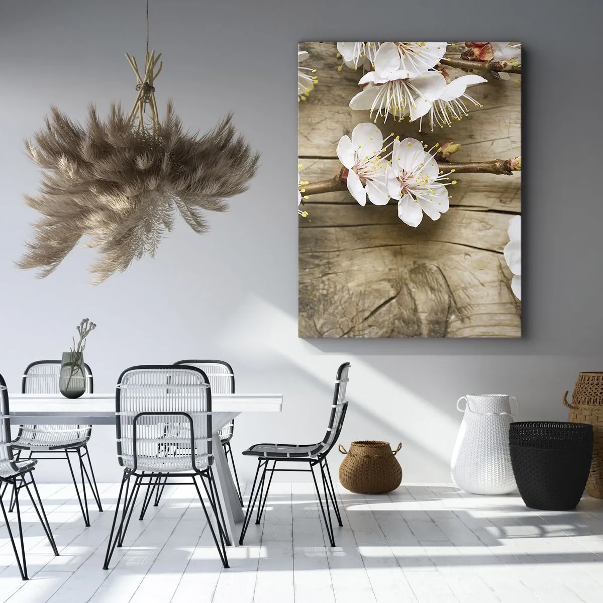 Quadro su tela - Stampe su Tela - Rami di ciliegi in fiore su uno sfondo di tavola di legno - 50x70cm - Ed è giunta la primavera - Decorazione murale moderna per soggiorno e camera da letto ARTTOR