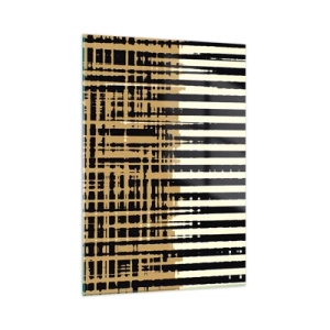 Quadro su vetro - Righe e linee geometriche nei toni del nero e dell'oro - 50x70cm - Astrazione architettonica - Decorazione murale moderna per soggiorno e camera da letto ARTTOR