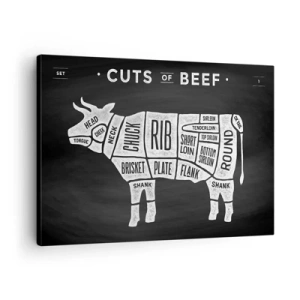 Quadro su tela - Stampe su Tela - Diagramma dei tagli di carne bovina su sfondo nero - 70x50cm - Il sillabario del macellaio - Decorazione murale moderna per soggiorno e camera da letto ARTTOR
