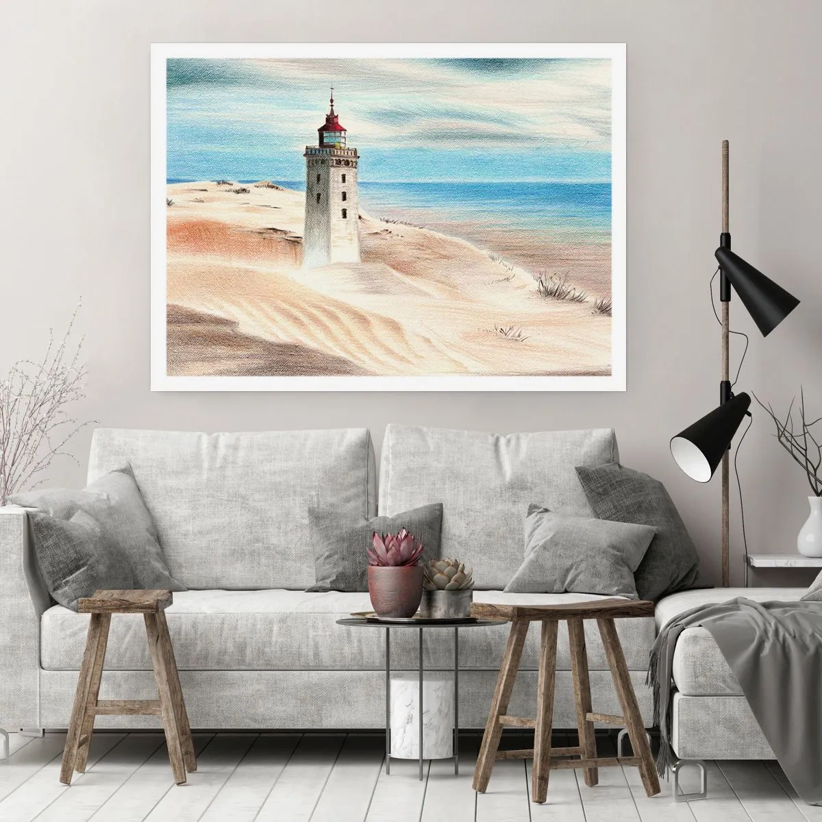 Poster - Un faro circondato da dune di sabbia e un cielo azzurro - 100x70cm - Sempre guardando il mare - Decorazione murale moderna per soggiorno e camera da letto ARTTOR