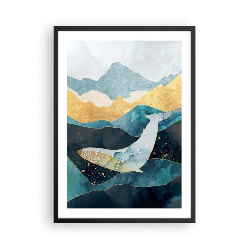 Poster in cornice nera - Una balena astratta che galleggia tra onde dorate. - 50x70cm - La fresca bellezza del nord - Decorazione murale moderna per soggiorno e camera da letto ARTTOR