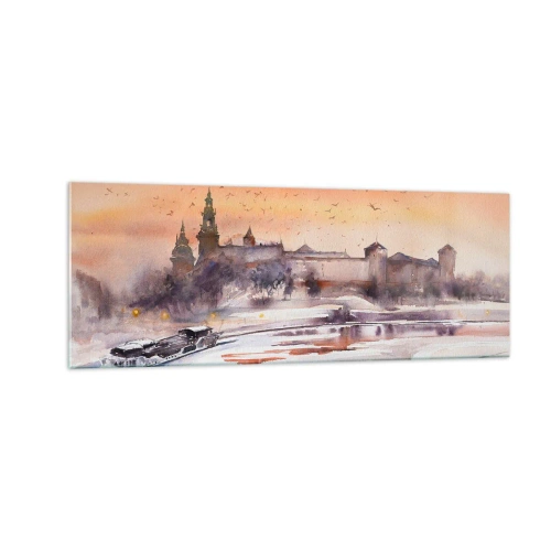 Quadro su vetro - Tramonto sul castello in uno scenario invernale - 140x50cm - Tramonto reale - Decorazione murale moderna per soggiorno e camera da letto ARTTOR