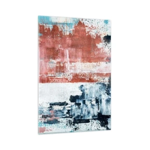 Quadro su vetro - Astrazione nei colori bianco, blu e mattone - 80x120cm - Astratto in due metà - Decorazione murale moderna per soggiorno e camera da letto ARTTOR