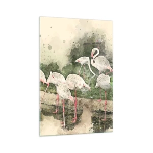 Quadro su vetro - Fenicotteri nel loro ambiente naturale in stile acquerello - 70x100cm - Sogno esotico - Decorazione murale moderna per soggiorno e camera da letto ARTTOR