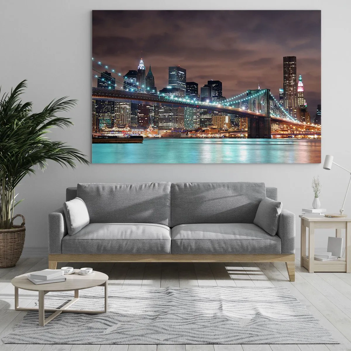 Quadro su vetro - Panorama notturno della città con il ponte illuminato - 120x80cm - Le luci della grande città - Decorazione murale moderna per soggiorno e camera da letto ARTTOR