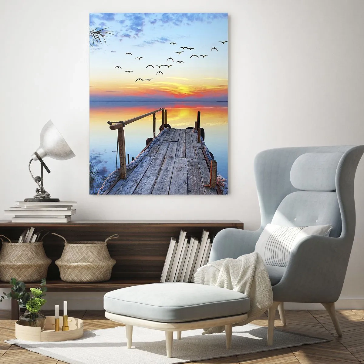 Quadro su vetro - Molo di legno sul lago al tramonto - 70x100cm - Il tempo del ritorno - Decorazione murale moderna per soggiorno e camera da letto ARTTOR