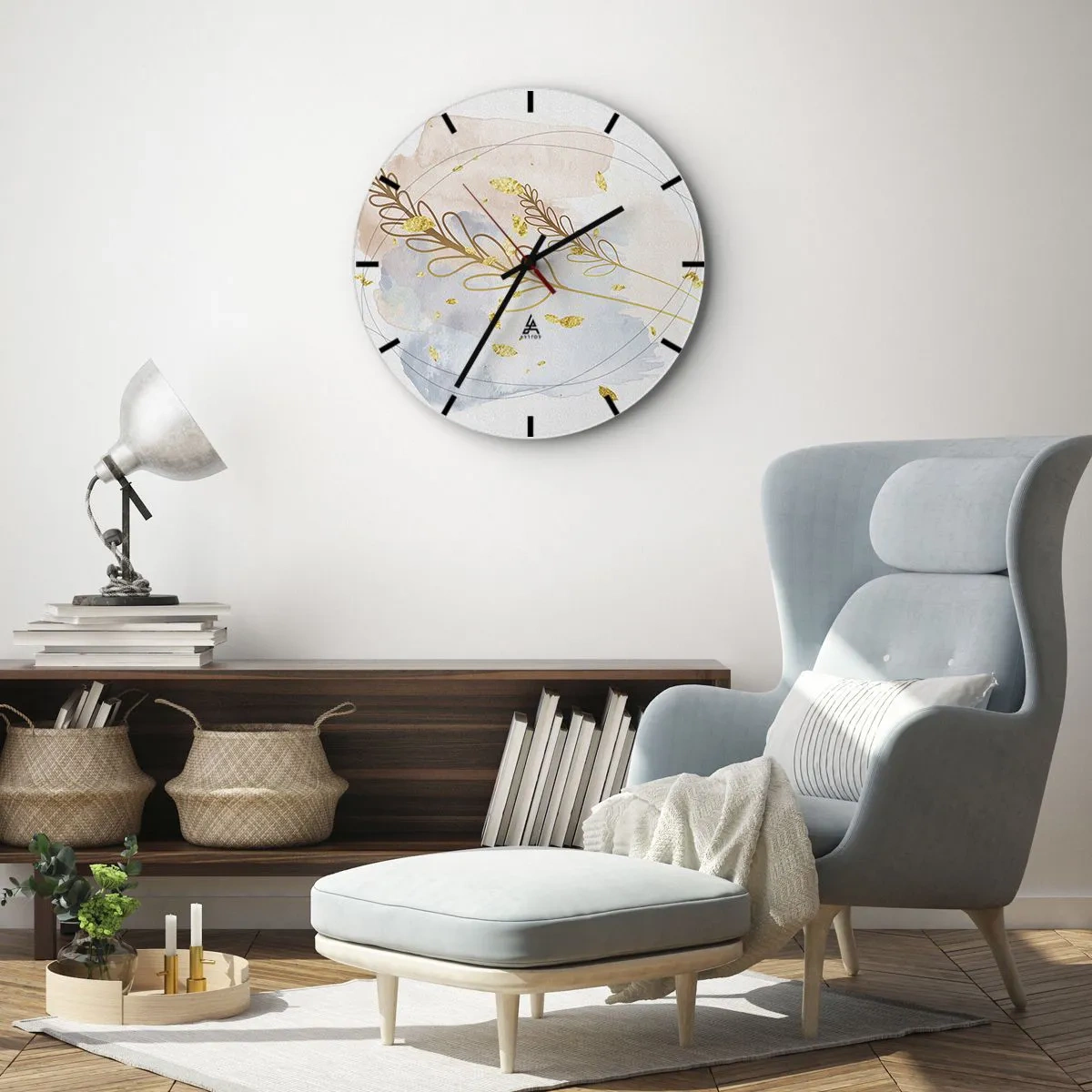 Orologio da parete - Orologio in Vetro - Un delicato motivo floreale con accenti dorati in acquerello - 30x30cm - Soffio d'oro - Decorazione murale moderna per soggiorno, cucina e camera da letto ARTTOR
