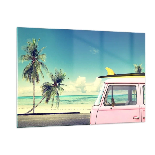 Quadro su vetro - Una spiaggia con palme e un furgone retrò rosa in riva al mare - 120x80cm - Tempo di vacanze - Decorazione murale moderna per soggiorno e camera da letto ARTTOR