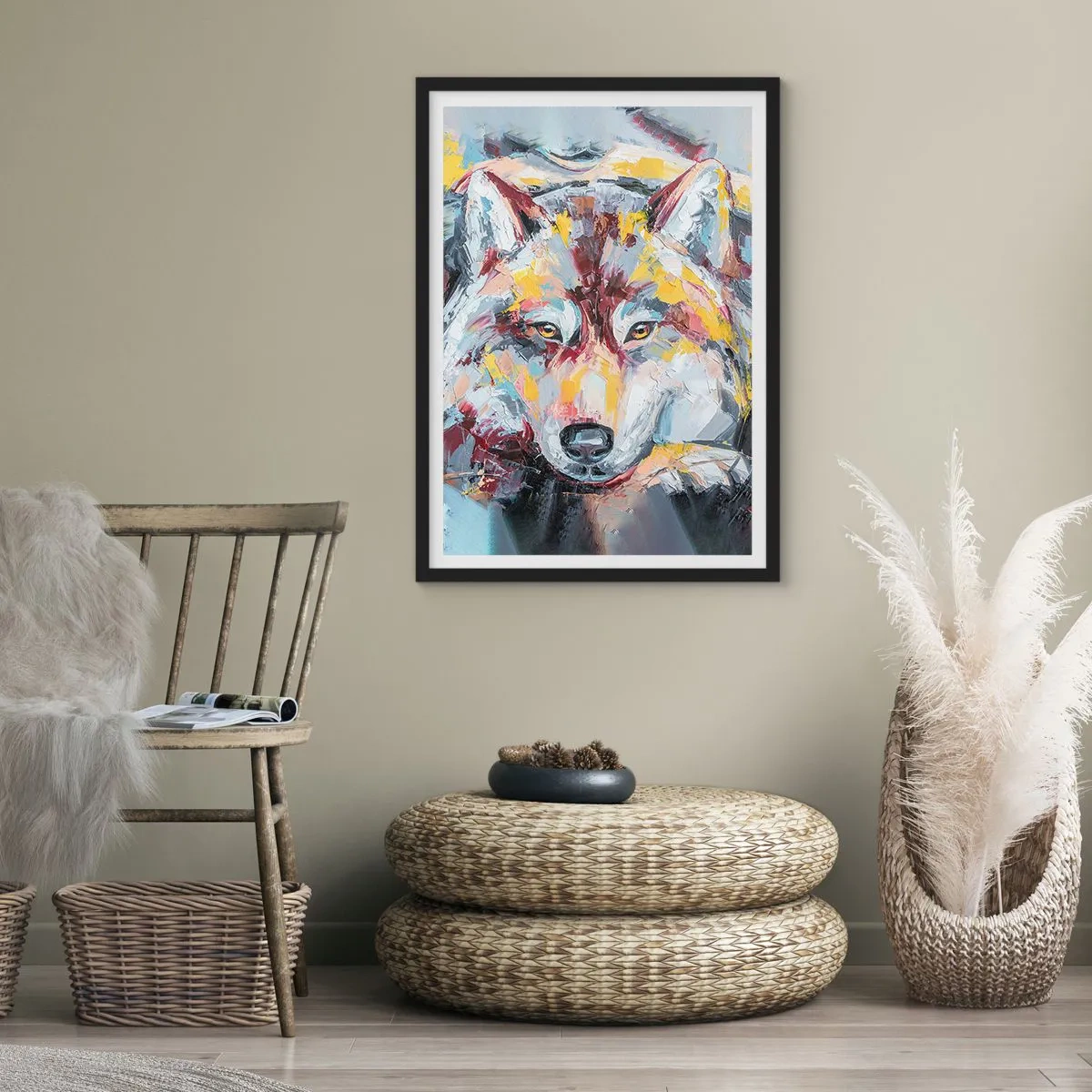 Poster in cornice nera - Ritratto astratto di un lupo con pennellate colorate. - 50x70cm - Pace tra i suoi - Decorazione murale moderna per soggiorno e camera da letto ARTTOR
