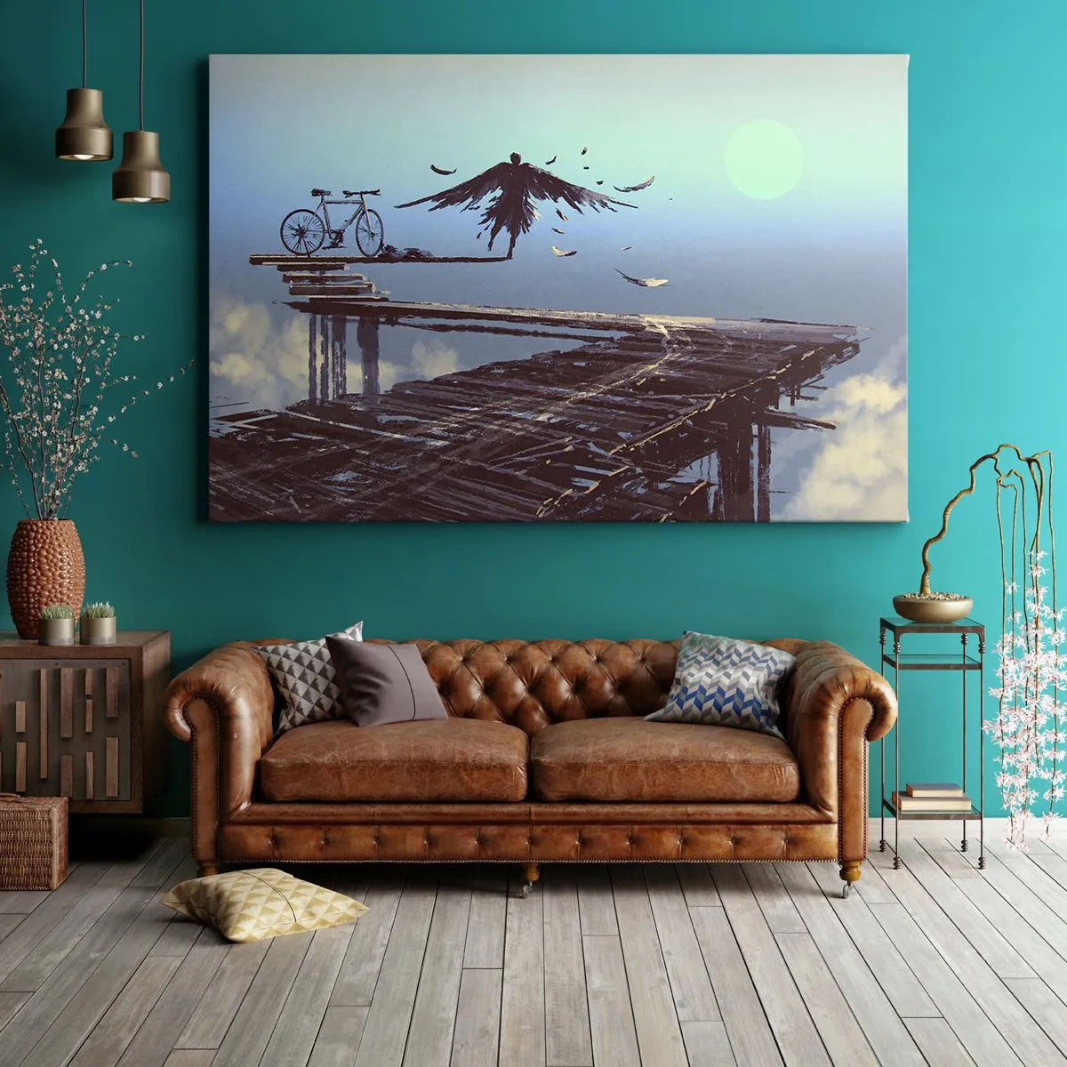 Quadro su tela - Stampe su Tela - Una figura con le piume volteggia su un ponte di legno accanto a una bicicletta. - 120x80cm - Icaro è sempre vivo - Decorazione murale moderna per soggiorno e camera da letto ARTTOR
