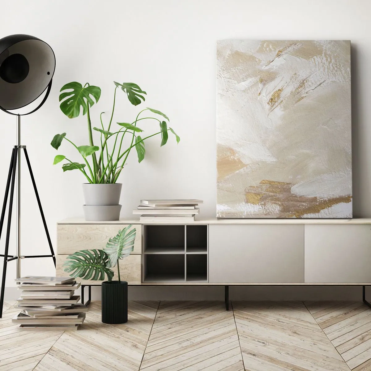 Quadro su tela - Stampe su Tela - Delicati toni astratti nelle tonalità del beige e dell'oro - 70x100cm - Composizione pastello - Decorazione murale moderna per soggiorno e camera da letto ARTTOR