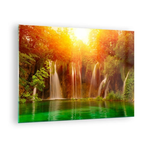 Quadro su vetro - Cascate in una foresta soleggiata con acqua turchese - 70x50cm - Al sole e all'ombra - Decorazione murale moderna per soggiorno e camera da letto ARTTOR