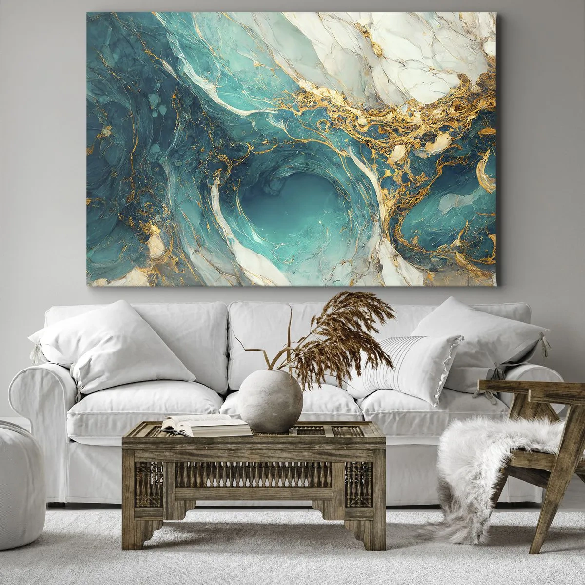 Quadro su tela - Stampe su Tela - Una composizione astratta nei toni del turchese e dell'oro. - 70x50cm - Composizione con vene d'oro - Decorazione murale moderna per soggiorno e camera da letto ARTTOR