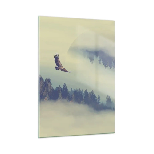 Quadro su vetro - Un'aquila in volo sopra una foresta avvolta nella nebbia con un riflesso surreale. - 50x70cm - Ho visto l'ombra dell'aquila - Decorazione murale moderna per soggiorno e camera da letto ARTTOR