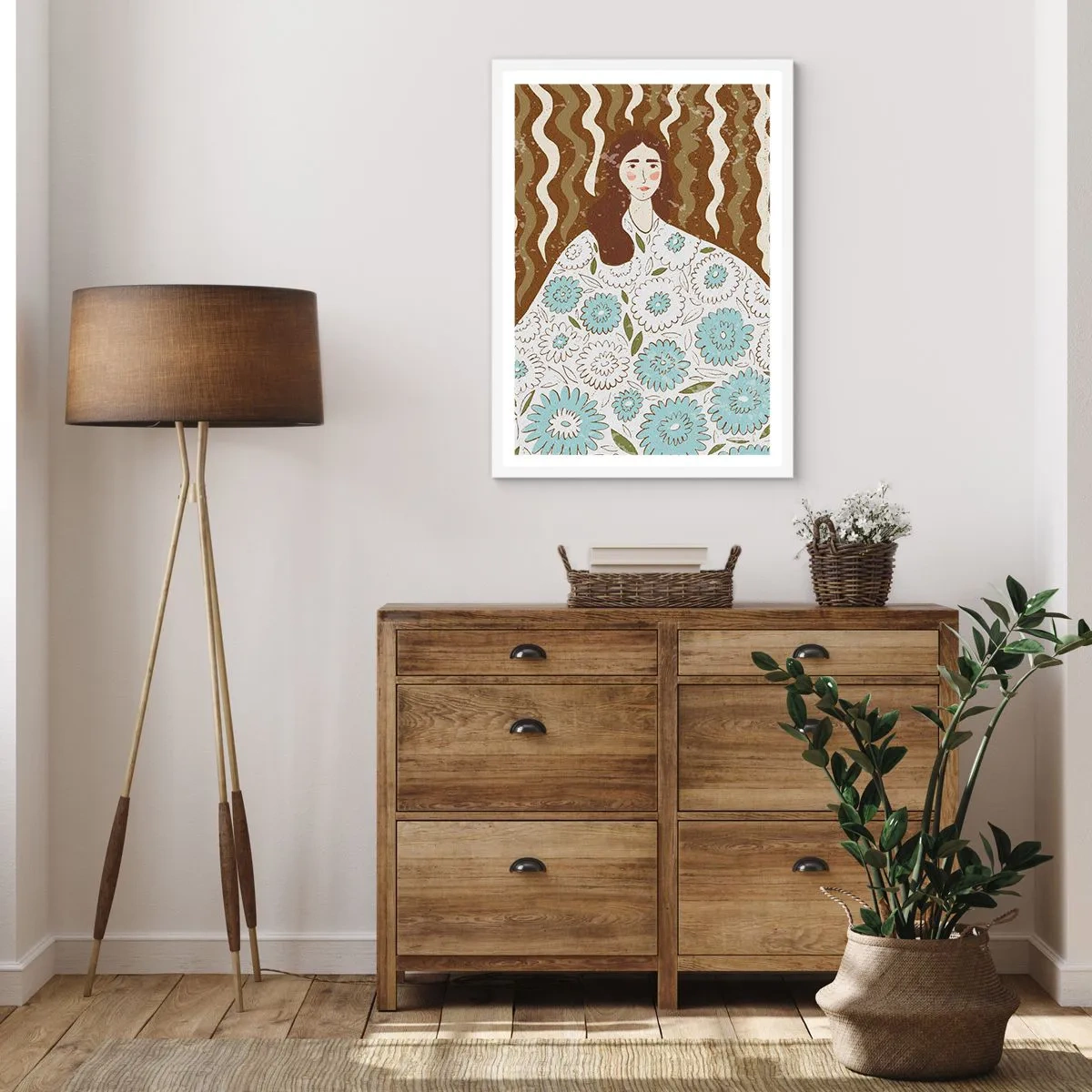 Poster in cornice bianca - Ritratto con abito a fiori - 70x100 cm