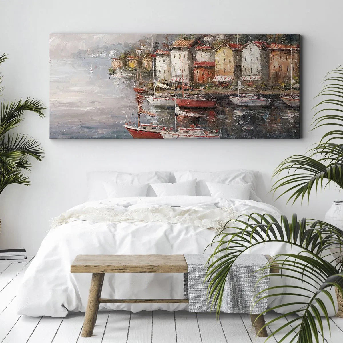 Quadro su tela - Stampe su Tela - Paesaggio marino con barche e case colorate - 160x50cm - Molo romantico - Decorazione murale moderna per soggiorno e camera da letto ARTTOR