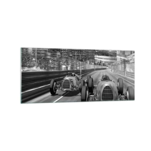 Quadro su vetro - Scena di gara automobilistica retrò monocromatica - 120x50cm - Tanto tempo fa a Montecarlo - Decorazione murale moderna per soggiorno e camera da letto ARTTOR