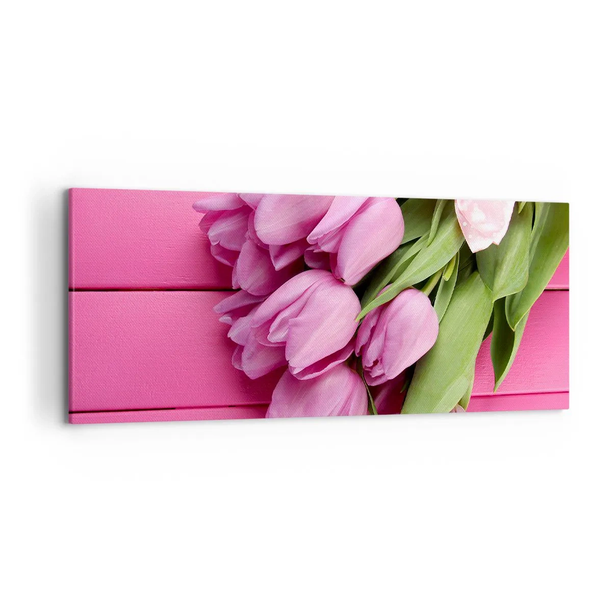 Quadro su tela - Stampe su Tela - Un mazzo di tulipani rosa con un fiocco su uno sfondo rosa - 120x50cm - Proprio per te - Decorazione murale moderna per soggiorno e camera da letto ARTTOR