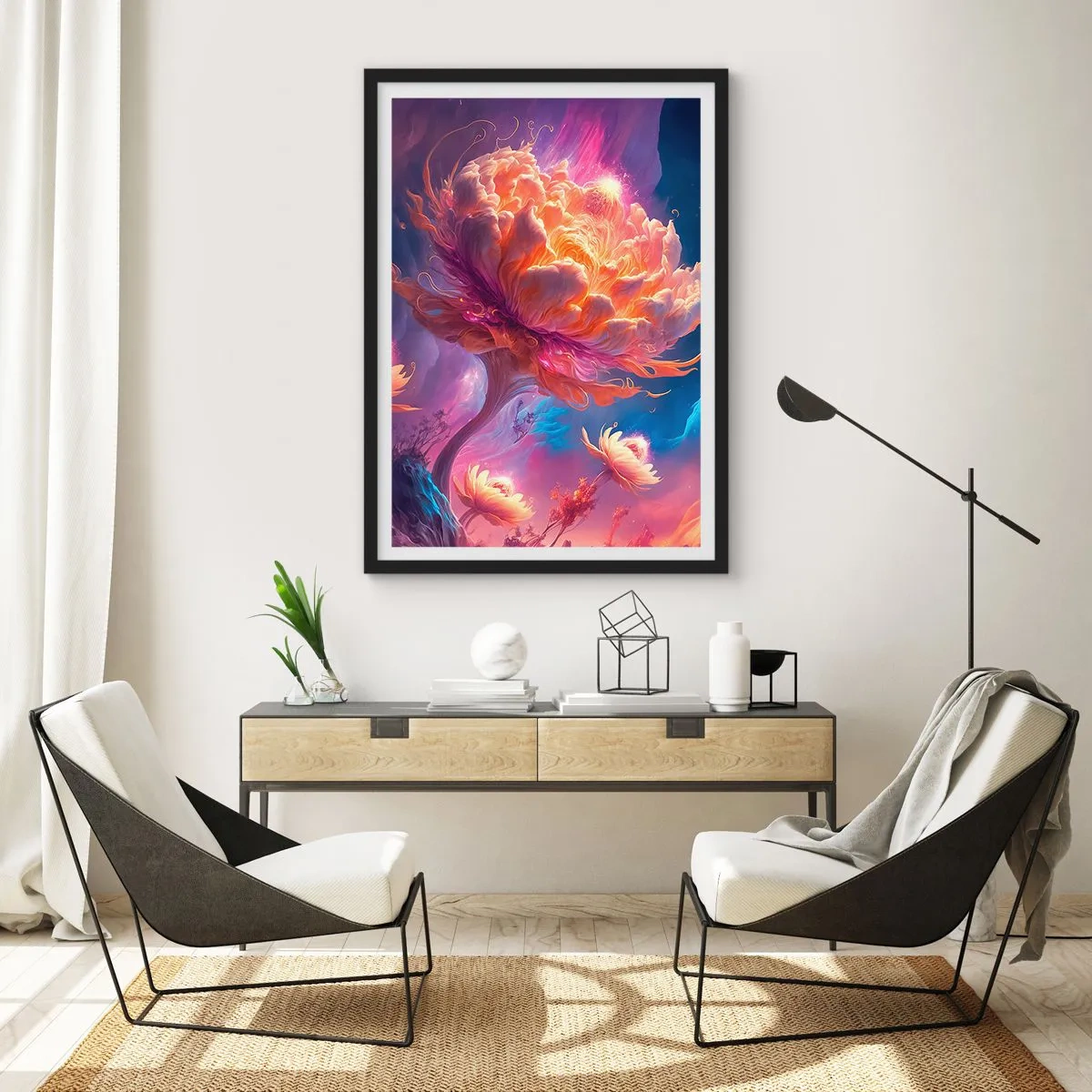 Poster in cornice nera - Un albero fantastico a forma di fiore in fiore - 50x70cm - Un altro mondo - Decorazione murale moderna per soggiorno e camera da letto ARTTOR