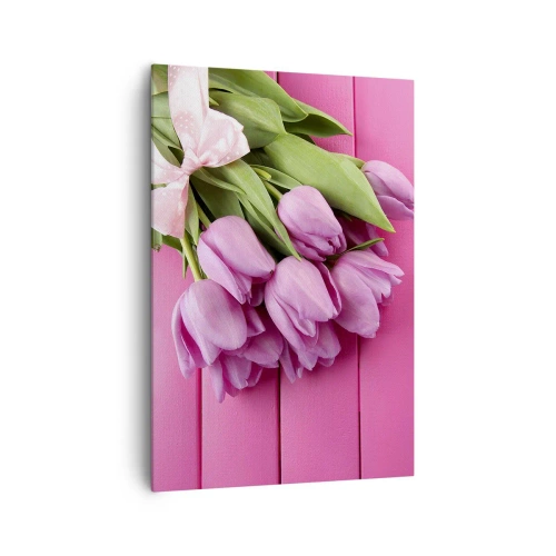 Quadro su tela - Stampe su Tela - Un mazzo di tulipani rosa con un fiocco su uno sfondo rosa - 70x100cm - Proprio per te - Decorazione murale moderna per soggiorno e camera da letto ARTTOR