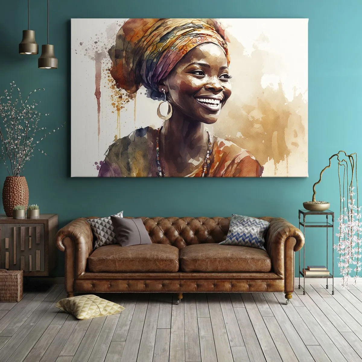 Quadro su tela - Stampe su Tela - Ritratto di una donna sorridente con una sciarpa colorata in acquerello - 70x50cm - Regina africana - Decorazione murale moderna per soggiorno e camera da letto ARTTOR