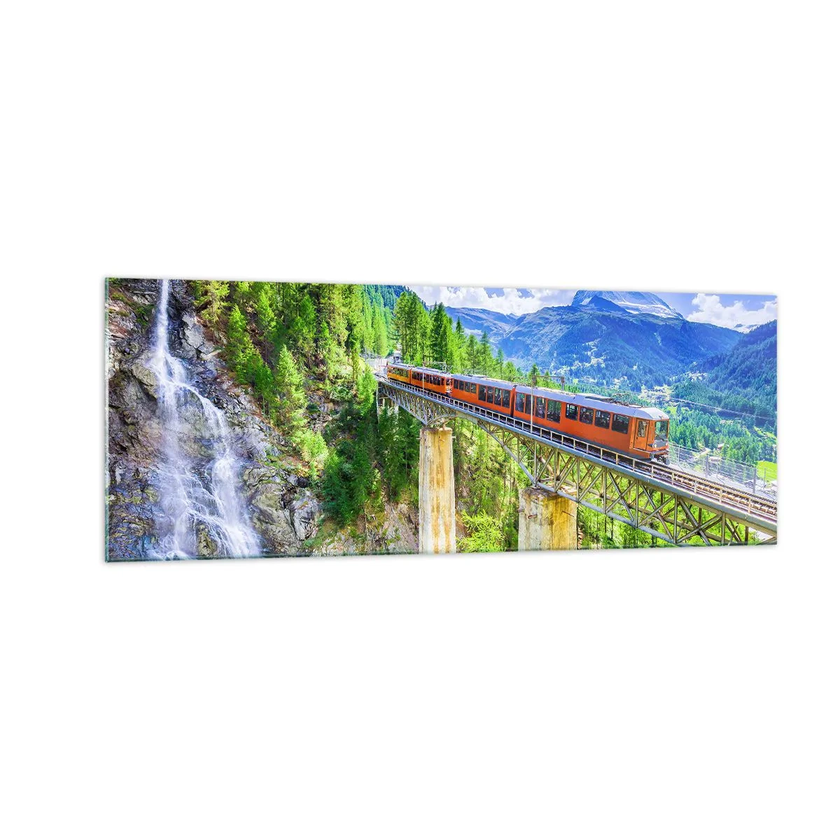 Quadro su vetro - Montagne russe su un ponte con vista su una cascata e sulle montagne - 140x50cm - Ferrovia alpina - Decorazione murale moderna per soggiorno e camera da letto ARTTOR