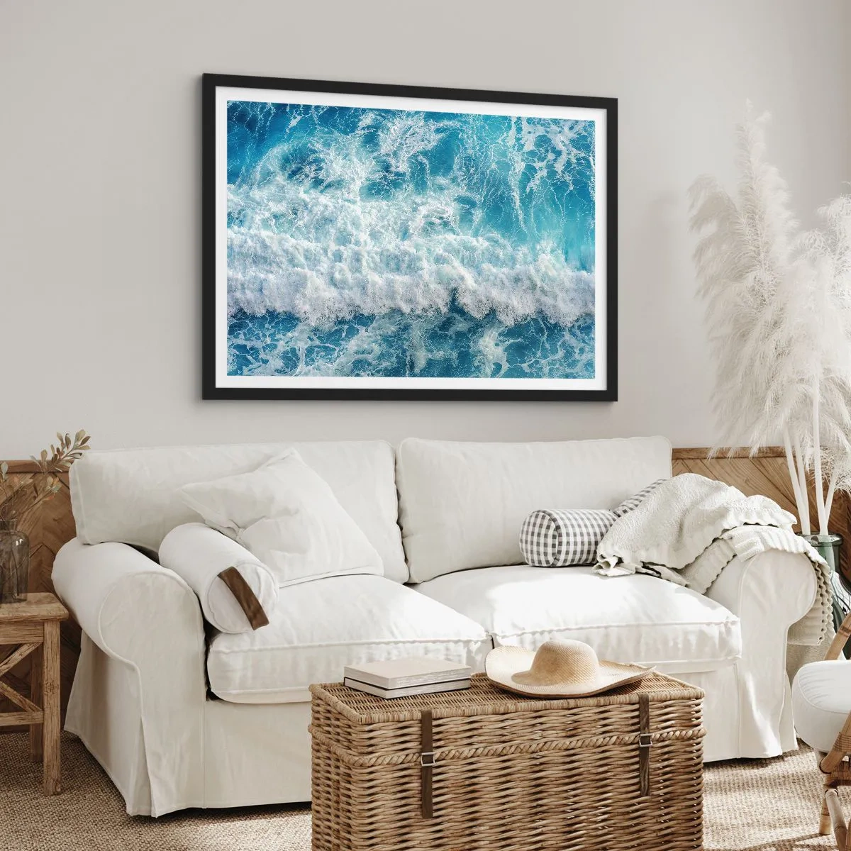Poster in cornice nera - Onde oceaniche dinamiche nelle tonalità del blu - 100x70cm - Con gioia e saltellando - Decorazione murale moderna per soggiorno e camera da letto ARTTOR