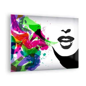 Quadro su vetro - Un'astrazione colorata con un profilo femminile e spruzzi di colore. - 70x50cm - Racconto nei colori dell'arcobaleno - Decorazione murale moderna per soggiorno e camera da letto ARTTOR