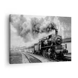 Quadro su tela - Stampe su Tela - Una locomotiva a vapore bianca e nera sullo sfondo di un paesaggio montano - 70x50cm - Ferma alla stazione... - Decorazione murale moderna per soggiorno e camera da letto ARTTOR