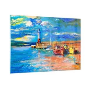 Quadro su vetro - Rainbow Bay con un faro e barche colorate nel porto - 100x70cm - Pomeriggio nell'insenatura multicolore - Decorazione murale moderna per soggiorno e camera da letto ARTTOR