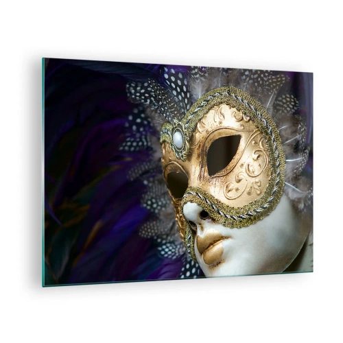 Quadro su vetro - Maschera veneziana dorata con piume su sfondo viola - 70x50cm - Ritratto di Venezia in oro - Decorazione murale moderna per soggiorno e camera da letto ARTTOR