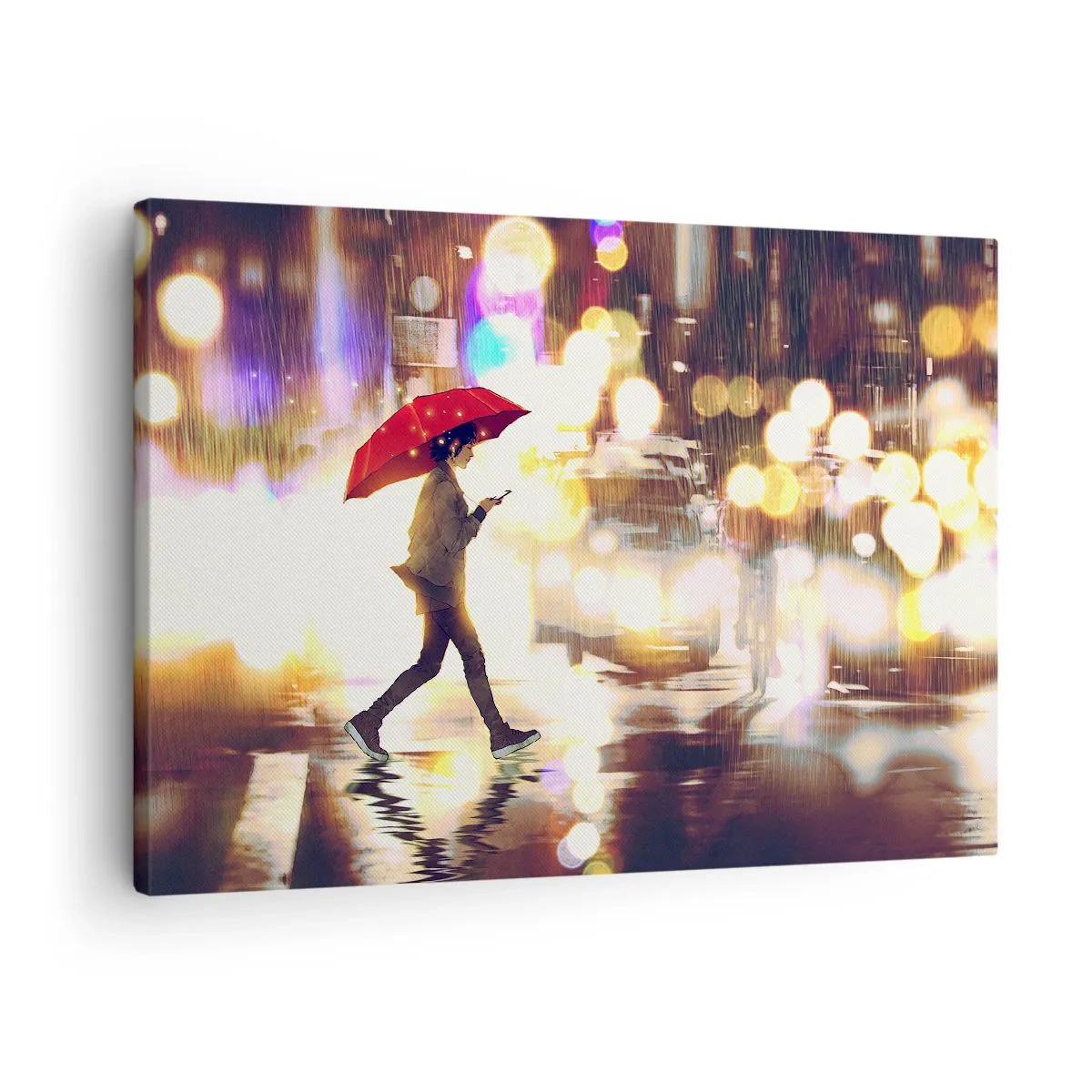 Quadro su tela - Stampe su Tela - Una figura con un ombrello rosso sulla strada sotto la pioggia - 70x50cm - Tuttavia è assolata - Decorazione murale moderna per soggiorno e camera da letto ARTTOR
