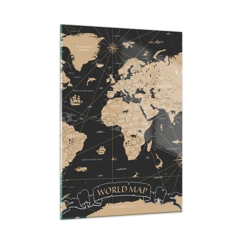 Quadro su vetro - Mappa del mondo stilizzata nei toni del beige e del nero - 50x70cm - I confini del mio mondo - Decorazione murale moderna per soggiorno e camera da letto ARTTOR