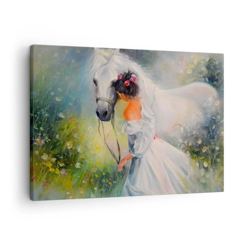 Quadro su tela - Stampe su Tela - Una donna con un cavallo bianco in un ambiente pittoresco - 70x50cm - Come in un bel sogno - Decorazione murale moderna per soggiorno e camera da letto ARTTOR