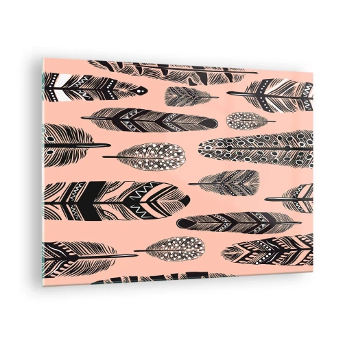 Quadro su vetro - Piume decorative con motivi bianchi e neri su sfondo rosa - 70x50cm - Collezione indiana - Decorazione murale moderna per soggiorno e camera da letto ARTTOR