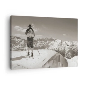Quadro su tela - Stampe su Tela - Uno sciatore in cima a una montagna in bianco e nero - 70x50cm - E i monti sono immutabili - Decorazione murale moderna per soggiorno e camera da letto ARTTOR