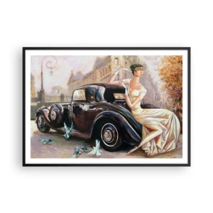 Poster in cornice nera - Donna retrò accanto a un'auto d'epoca - 100x70cm - Eleganza in stile retro - Decorazione murale moderna per soggiorno e camera da letto ARTTOR